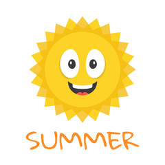 Cute sun character. Funny smiling sun mascot and summer title. Cartoon vector illustration