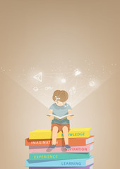 Boy reading a book on a pile of books, brown background and icon