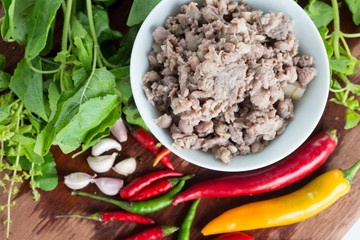 Food series : Ingredients of stir fry basil with meat