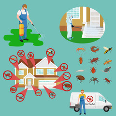 Obraz na płótnie Canvas Pest control concept with insects exterminator silhouette flat vector illustration