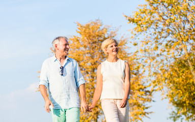 Senior Paar, Frau und Mann, beim Spaziergang über eine Wiese 