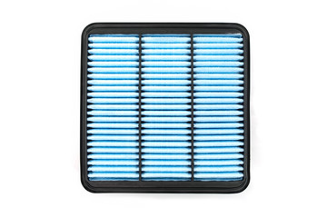 Flat engine air filter in a plastic case on a white background