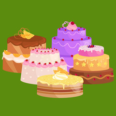 Sweets cakes with different stuffing, chocolate dessert vector illustration set