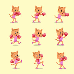 Obraz na płótnie Canvas Cartoon character cat doing kickboxing workout set