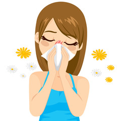 Young sick woman ill suffering spring allergy using tissue on nose - obrazy, fototapety, plakaty