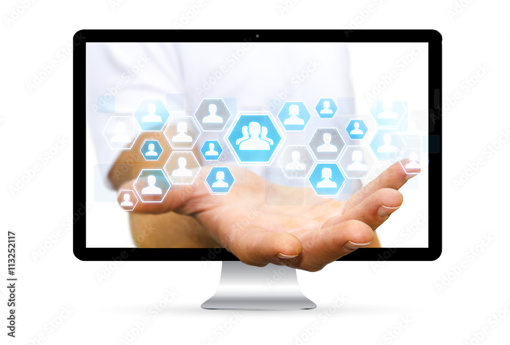 Poster businessman using digital social network interface
