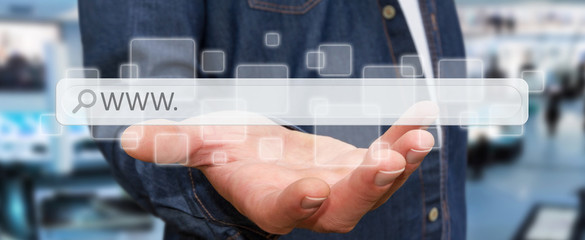 Man surfing on internet with digital tactile web address bar