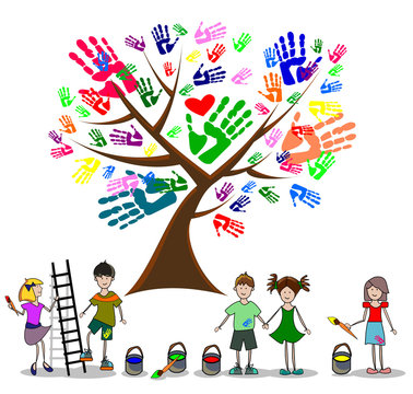Kinder zeichnen einen Baum mit Bl&auml;ttern als Handabdruck. Symbol f&uuml;r Teamwork.
und Herzfiguren. Zusammenarbeit (Gruppenarbeit )