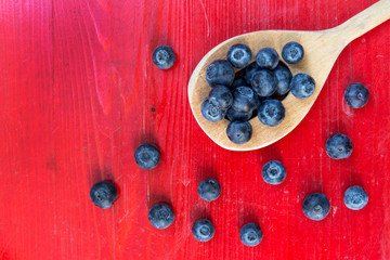 Heidelbeeren auf einem Holzlöffel - Blaubeeren