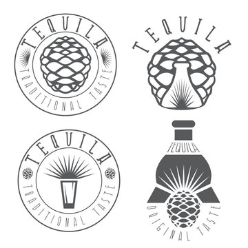 tequila vintage set labels with agave and bottles