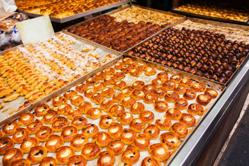 Counter with sweets at the Mahane Yehuda Market in Jerusalem.