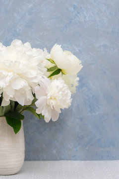 Bouquet of white peonies in ceramic vase against gray-blue venetian stucco wall. Selective focus on the flowers.