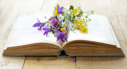 Vintage book with bouquet of meadow flowers, nostalgic vintage background