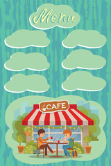 Guys are sitting in a cafe outdoor. Vector illustration of template menu, brochure, flyers cafe or restaurant. Drawing with lettering and places for inscription menu.