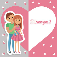Vector picture with congratulations for the holiday. Illustration of young couple in background of heart with lettering I love you. Man and woman in love.