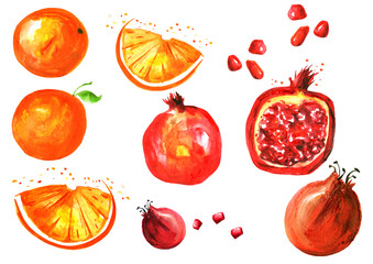 Set of fruits - orange, orange slice, grenades, half of pomegranate and berries. Watercolor illustration, isolated objects on a white background