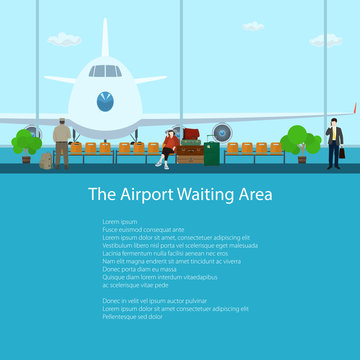 The Airport Waiting Area with People, View on Airplane through the Window from a Waiting Room , Travel and Tourism Concept, Flat Design, Vector Illustration