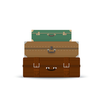 Three Different Retro Colored Suitcases Isolated on White , a Luggage Bag for Traveling, Travel and Tourism Concept , Vector Illustration