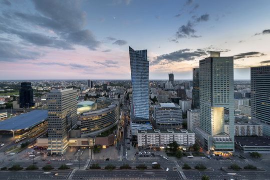 Aerial view of Warsaw downtown at dusk time