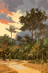 Obraz premium summer landscape painting,road leading to the tropical forest