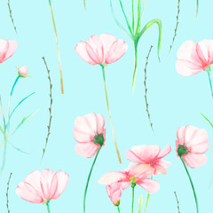 A seamless floral pattern with watercolor hand-drawn tender pink cosmos flowers, painted on a mint background
