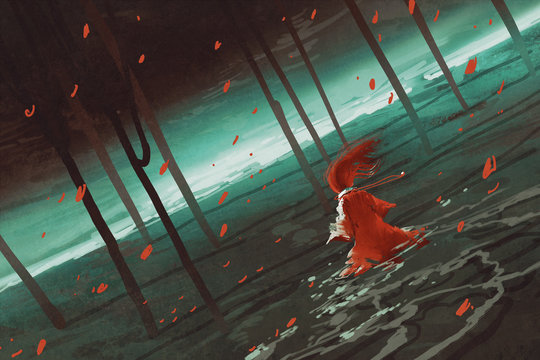 woman in red walking on swamp lake,river,trees,scenery,llustration