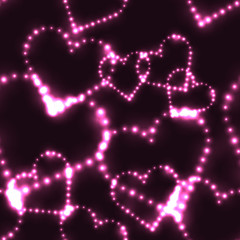 Neon shinning pink hearts on dark background