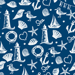 Fototapeta premium Seamless pattern hand drawn sea themed objects. Seagull,lighthou