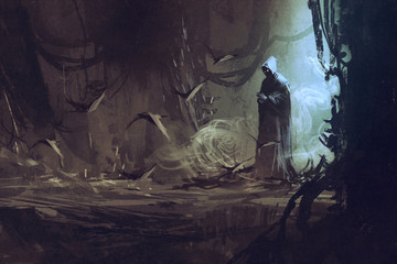 dark cloak in mysterious forest,wizard,sorcerer,illustration - obrazy, fototapety, plakaty