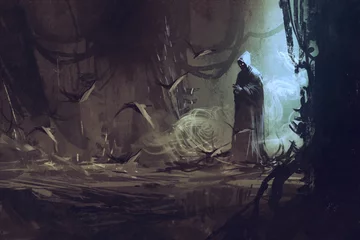 Foto op Plexiglas dark cloak in mysterious forest,wizard,sorcerer,illustration © grandfailure
