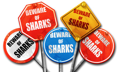 Beware of sharks sign, 3D rendering, rough street sign collectio