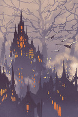 Obraz premium fantasy city,fairy town with big trees,landscape illustration