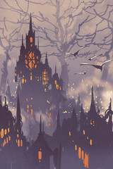 Fototapeta premium fantasy city,fairy town with big trees,landscape illustration