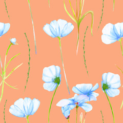 A seamless floral pattern with watercolor hand-drawn tender blue cosmos flowers, painted on a warm peach background