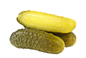 Pickled cucumbers on white background