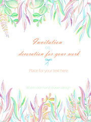 Background, template postcard with the abstract watercolor purple, pink and yellow branches, hand drawn on a white background, background for your card and work