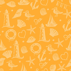 Seamless pattern hand drawn sea themed objects. Seagull,lighthou