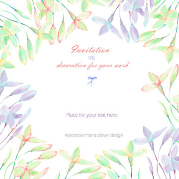 Background, template postcard with the abstract watercolor purple, pink and yellow wildflowers, hand drawn on a white background, background for your card and work