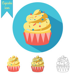 Cupcake vector icon set. Vector icons in different styles flat, hand drawn and outline