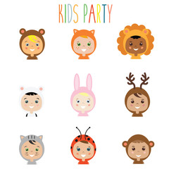 Kids party outfit. Children in animal carnival costume, vector illustration