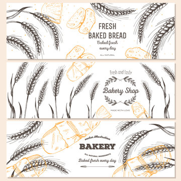 Banner set. Vector illustration in sketch style. Hand drawn bread horizontal banners.
