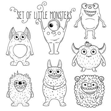 Set of cartoon cute character Monsters. Vector illustration.