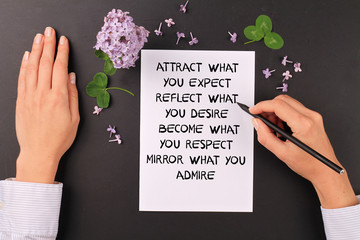 Inspiration motivation quote for woman attract what you expect reflect what you desire become what you respect. Success, Grow, Life, Happiness concept