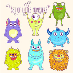 Set of cartoon cute character Monsters. Vector illustration.