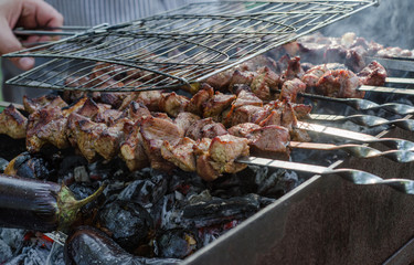 Man cooking marinated shashlik or shish kebab, chiken meat grilling on metal skewer, close up. Selective focus