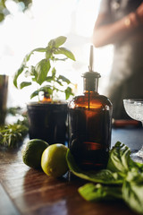 Syrup with lemons and basil leave on bar table