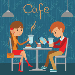 Guy and girl are sitting in a cafe. Vector illustration of template  menu, brochure, flyers cafe or restaurant.