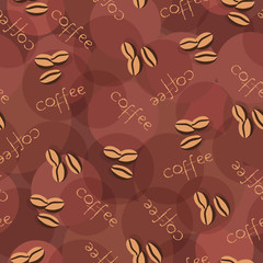 Beige seamless background with scattering of coffee beans and lettering. Seamless coffee pattern in pale beige colors.