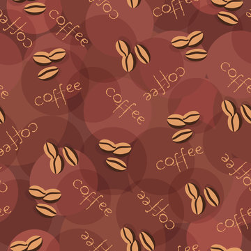 Beige seamless background with scattering of coffee beans and lettering. Seamless coffee pattern in pale beige colors.