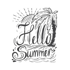 Hand drawn vintage quote about summer:"Hello summer". Hand-lette